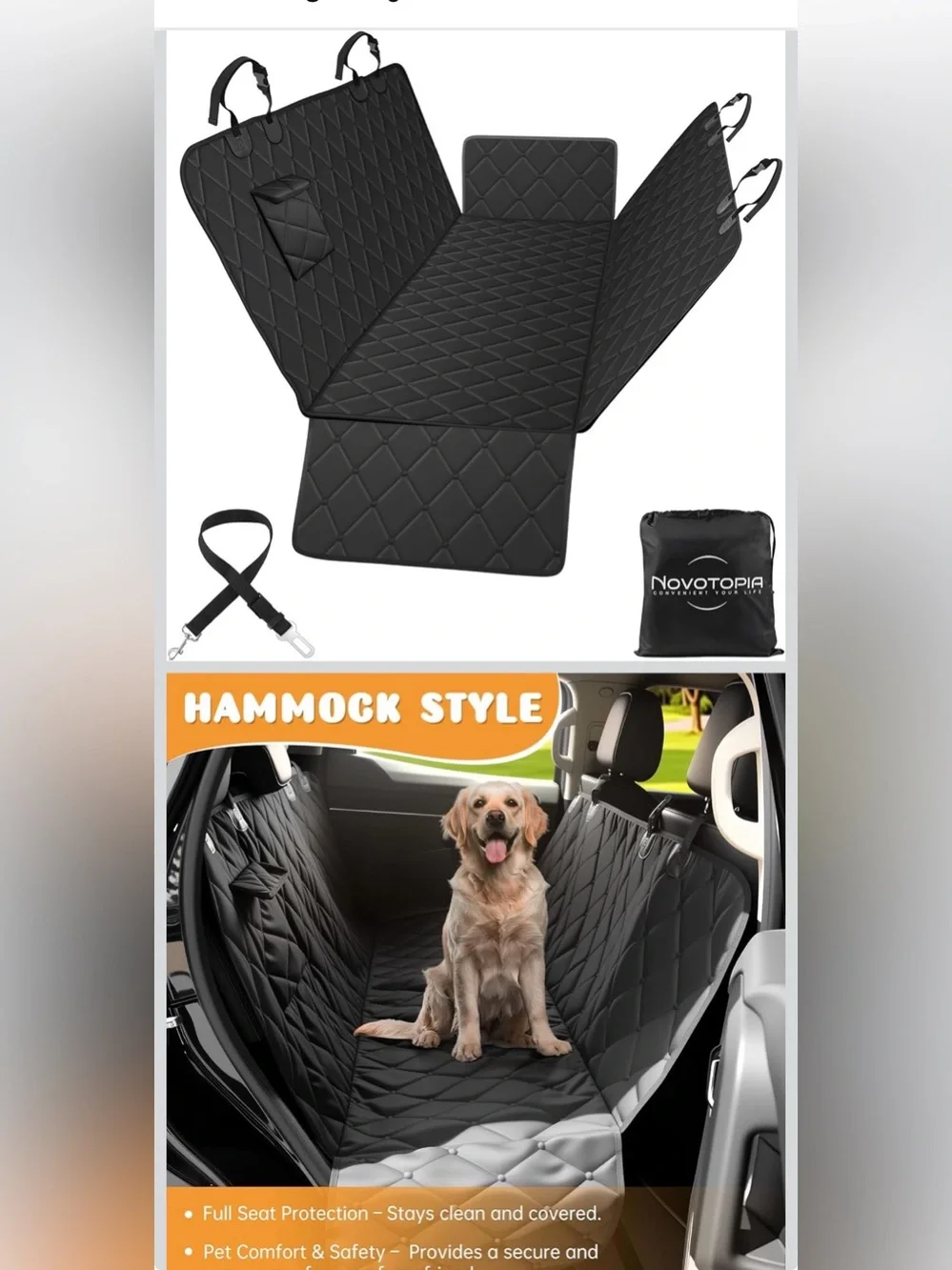 Black Quilted Dog Car Seat Hammock - Pet Backseat Protector